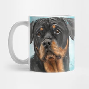 Painting of an Adorable Rottweiler with a Curious Look - Light Blue Spattered Background Mug